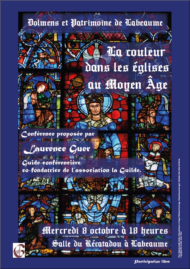 Affiche de la conférence "la couleur dans les églises", sur fond de vitrail